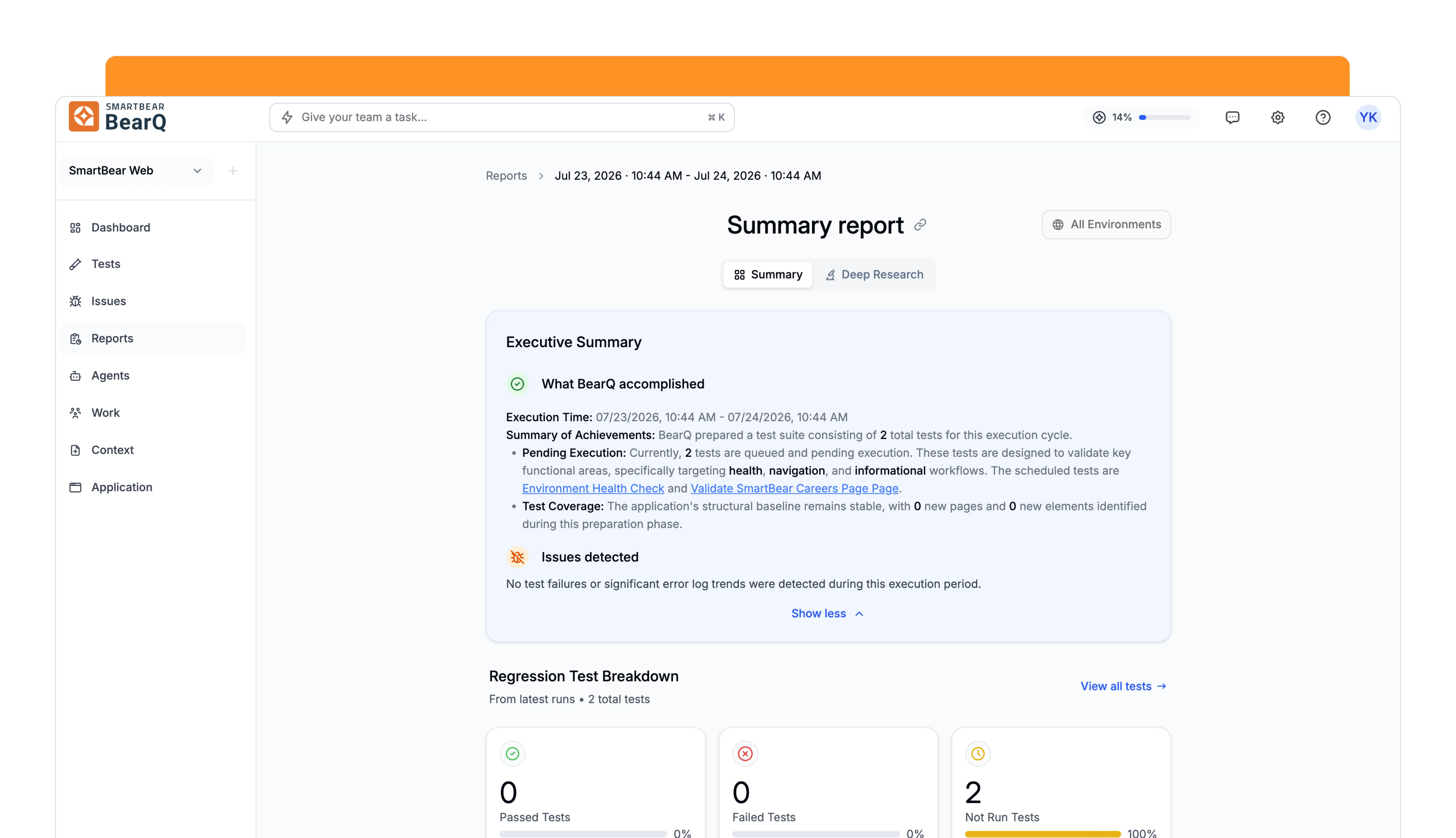 The BearQ Summary report: an executive summary written in plain language describing what the agents accomplished, the execution window, the tests they prepared and the coverage they added, followed by the regression test breakdown split into passed, failed, and not-run tests.