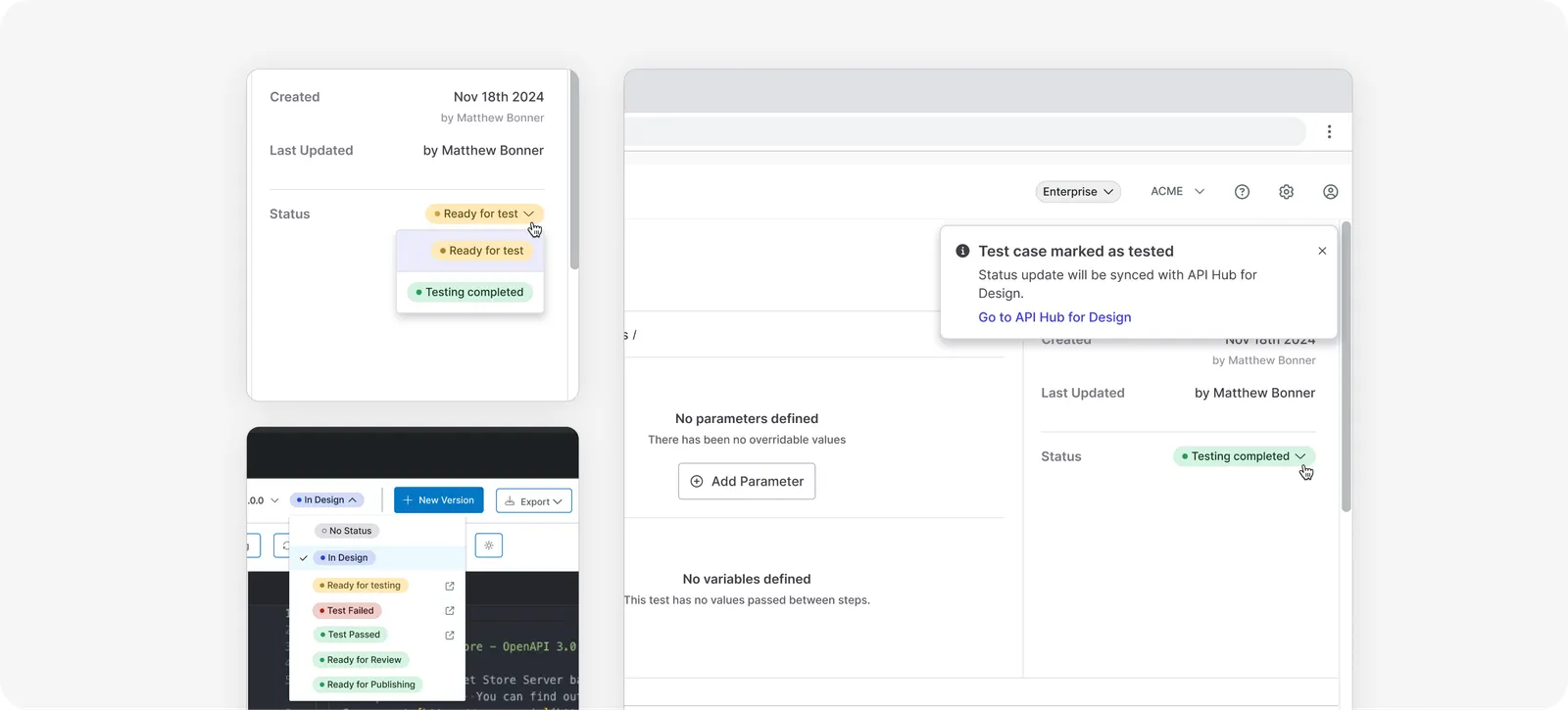 The designed flow: a test case marked as tested, with its status synced through to API Hub for Design.