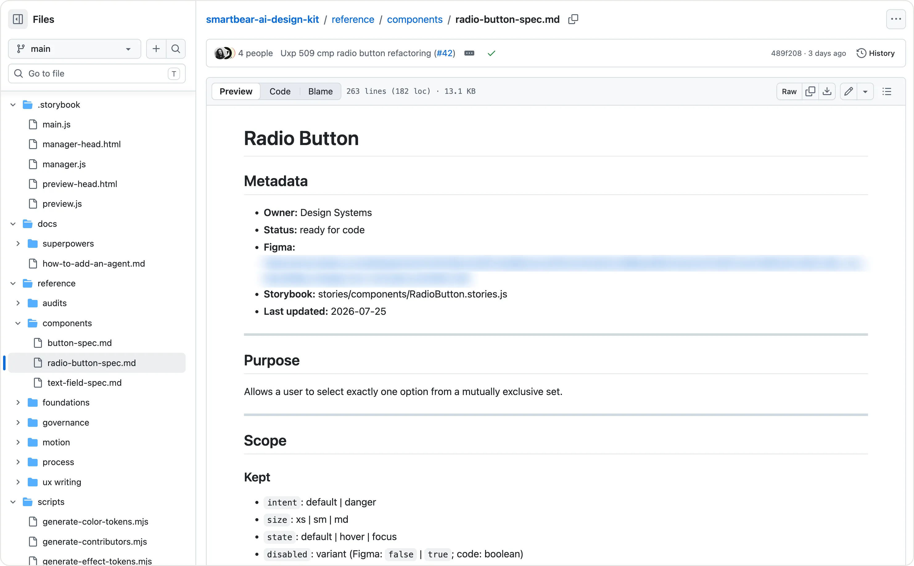 The committed radio-button-spec.md in the design-kit repo: metadata (owner, status, Figma link, Storybook path), the component's purpose, and the scope of properties kept — the written spec the AI works from.